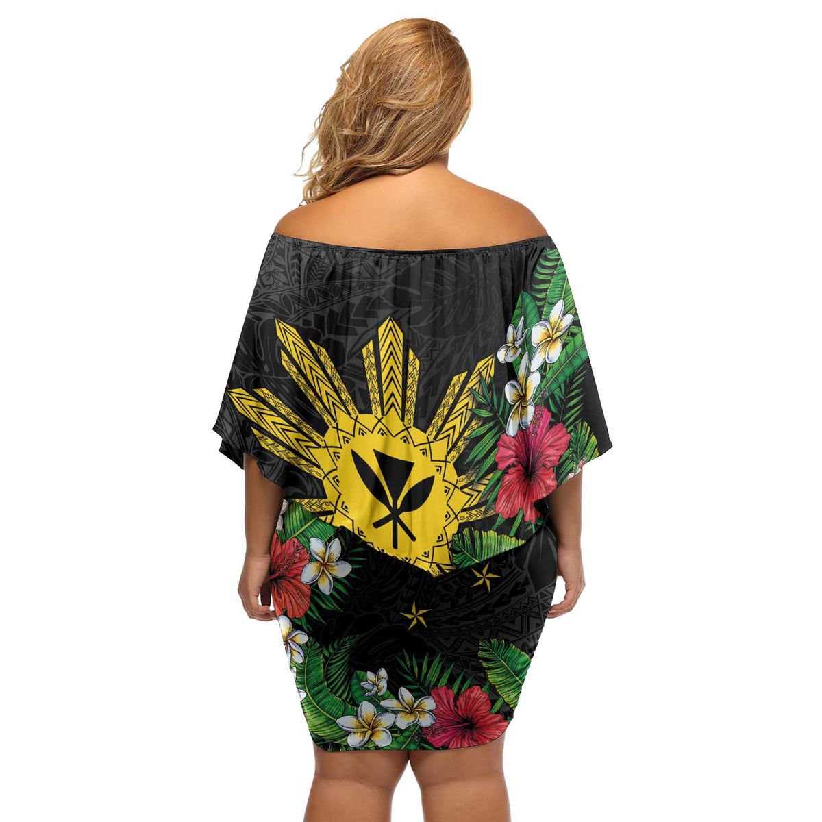 Tropical Hawaii and Philippines Off Shoulder Short Dress Kanaka Maoli and Sun Badge Batok Tattoo Colorful LT03 - Polynesian Pride