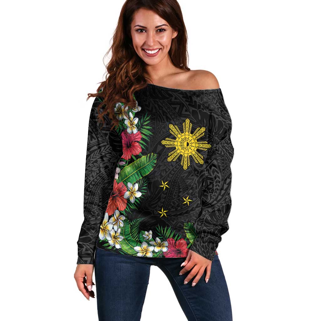 Tropical Hawaii and Philippines Off Shoulder Sweater Kanaka Maoli and Sun Badge Batok Tattoo Colorful LT03 Women Black - Polynesian Pride