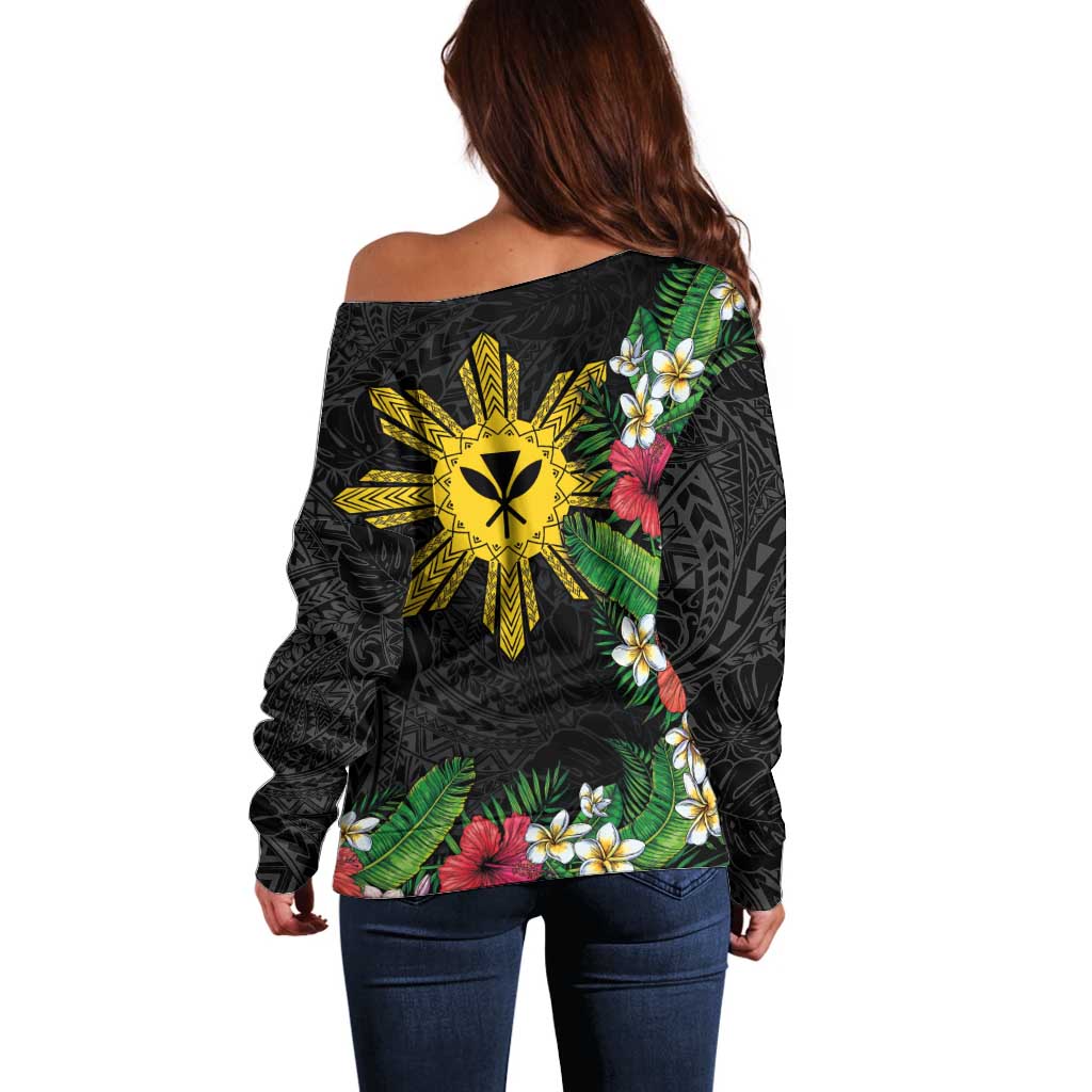 Tropical Hawaii and Philippines Off Shoulder Sweater Kanaka Maoli and Sun Badge Batok Tattoo Colorful LT03 - Polynesian Pride