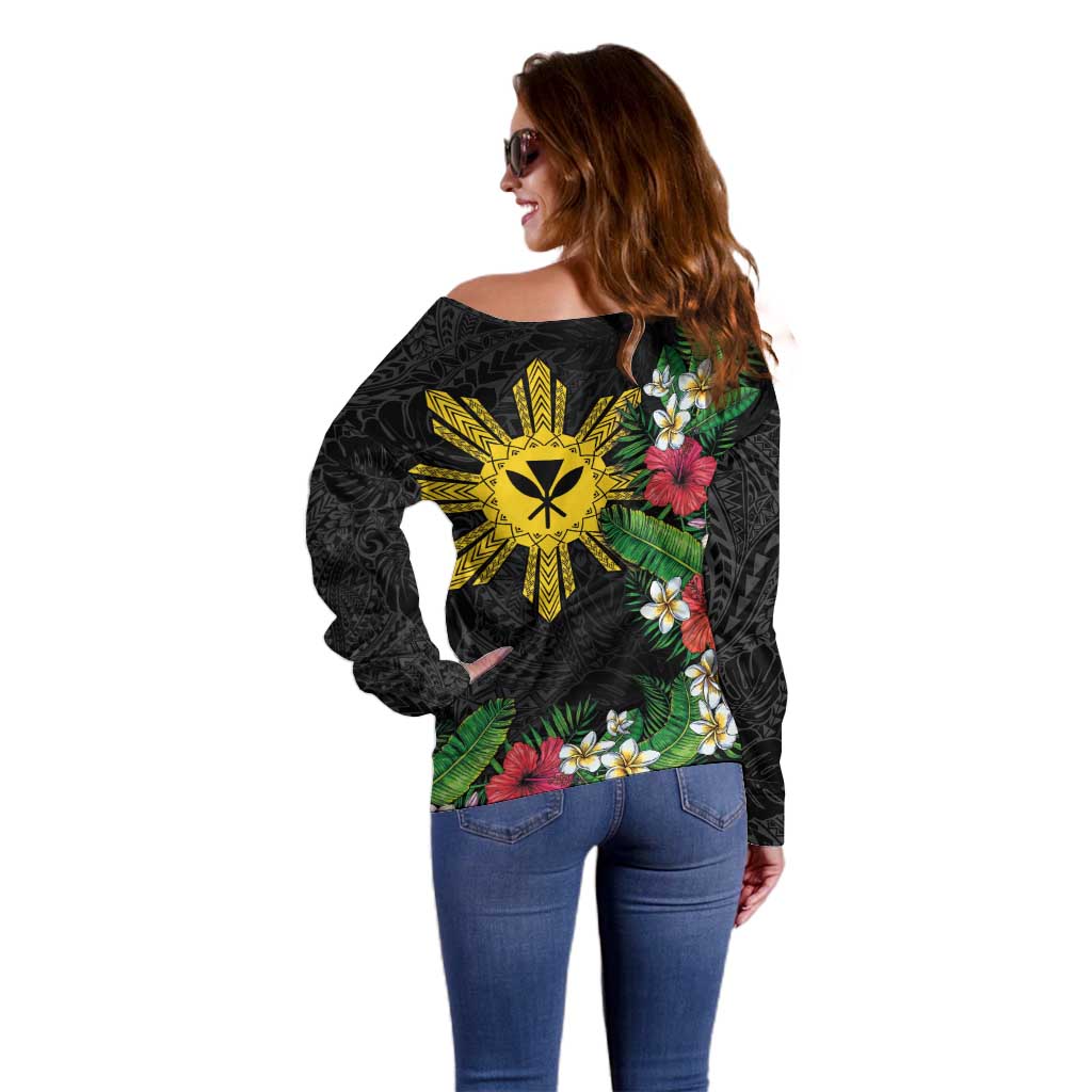 Tropical Hawaii and Philippines Off Shoulder Sweater Kanaka Maoli and Sun Badge Batok Tattoo Colorful LT03 - Polynesian Pride
