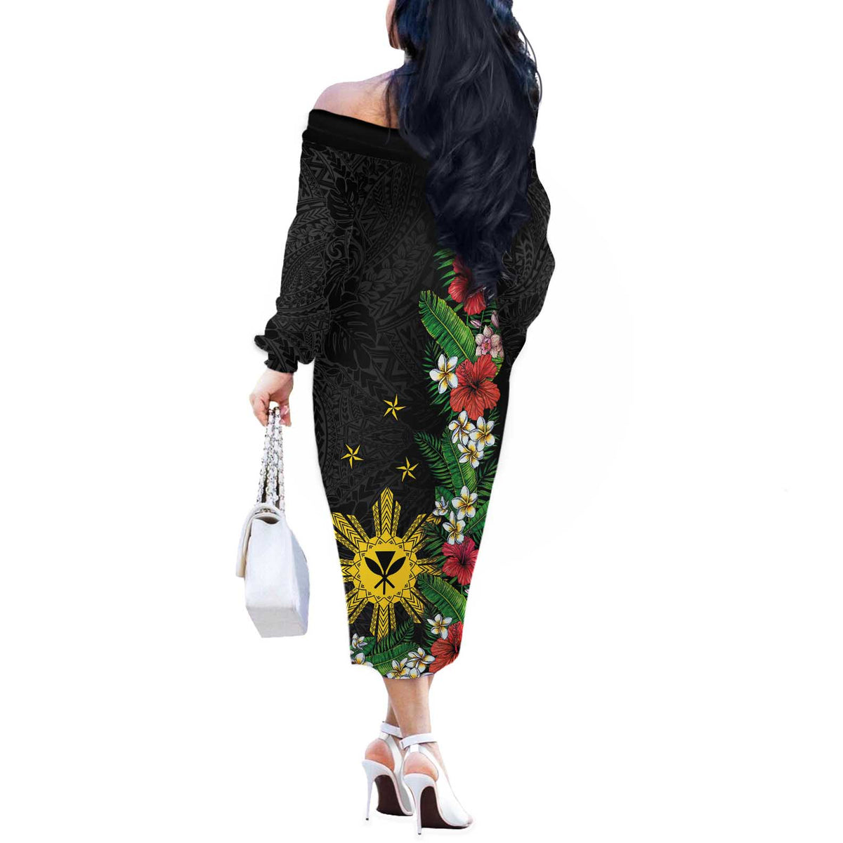 Tropical Hawaii and Philippines Off The Shoulder Long Sleeve Dress Kanaka Maoli and Sun Badge Batok Tattoo Colorful LT03 - Polynesian Pride
