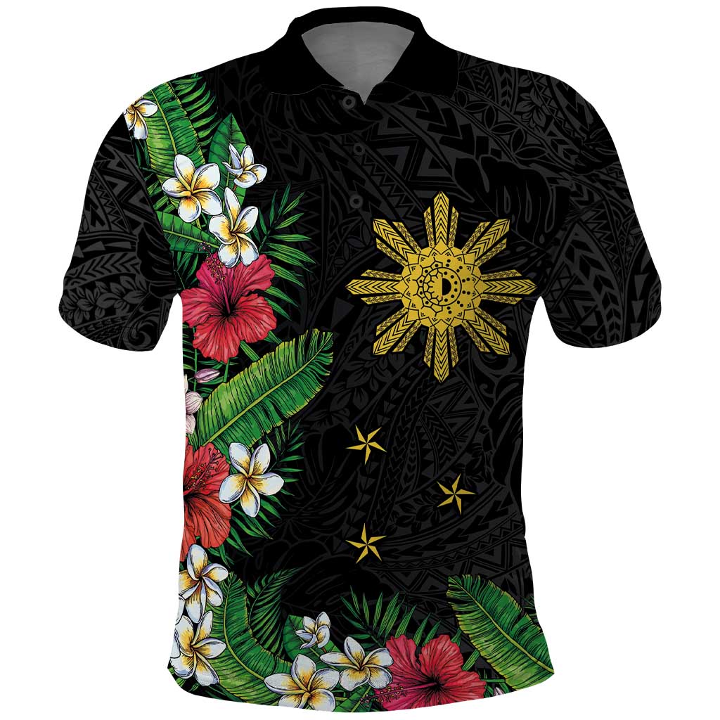 Tropical Hawaii and Philippines Polo Shirt Kanaka Maoli and Sun Badge Batok Tattoo Colorful LT03 Black - Polynesian Pride