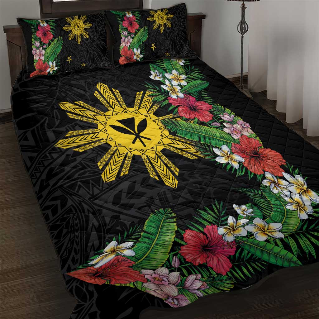 Tropical Hawaii and Philippines Quilt Bed Set Kanaka Maoli and Sun Badge Batok Tattoo Colorful LT03 Black - Polynesian Pride