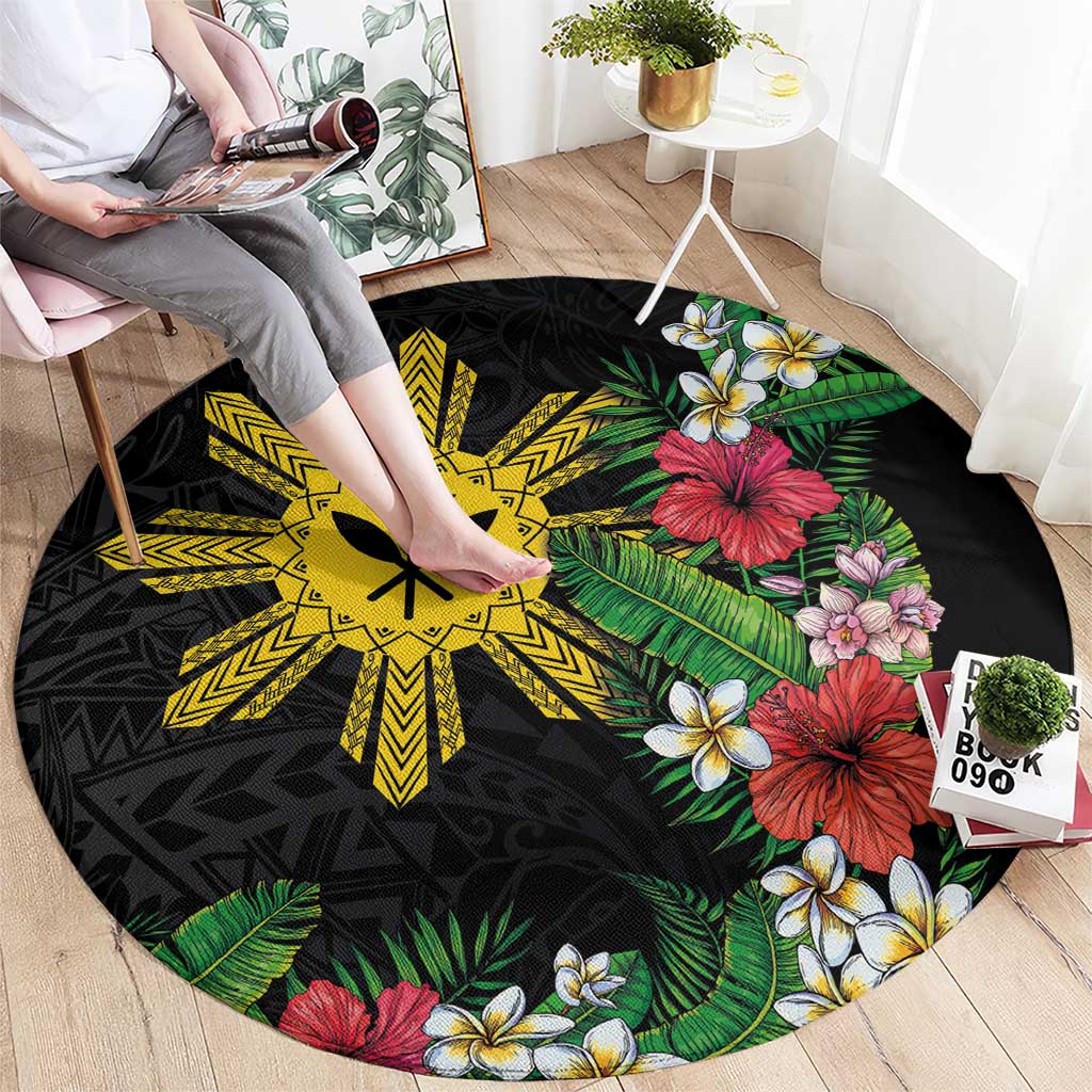 Tropical Hawaii and Philippines Round Carpet Kanaka Maoli and Sun Badge Batok Tattoo Colorful LT03 - Polynesian Pride