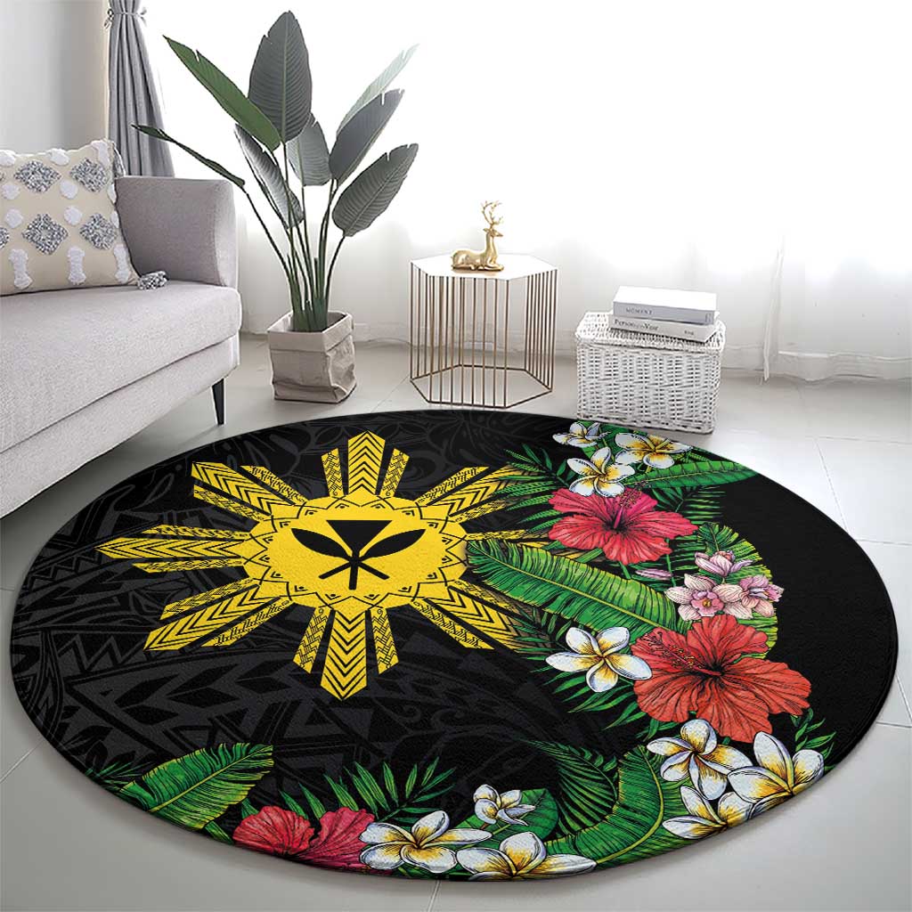 Tropical Hawaii and Philippines Round Carpet Kanaka Maoli and Sun Badge Batok Tattoo Colorful LT03 - Polynesian Pride