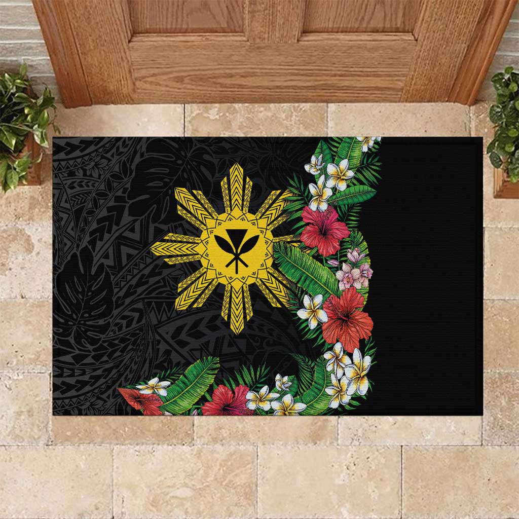 Tropical Hawaii and Philippines Rubber Doormat Kanaka Maoli and Sun Badge Batok Tattoo Colorful LT03 Black - Polynesian Pride