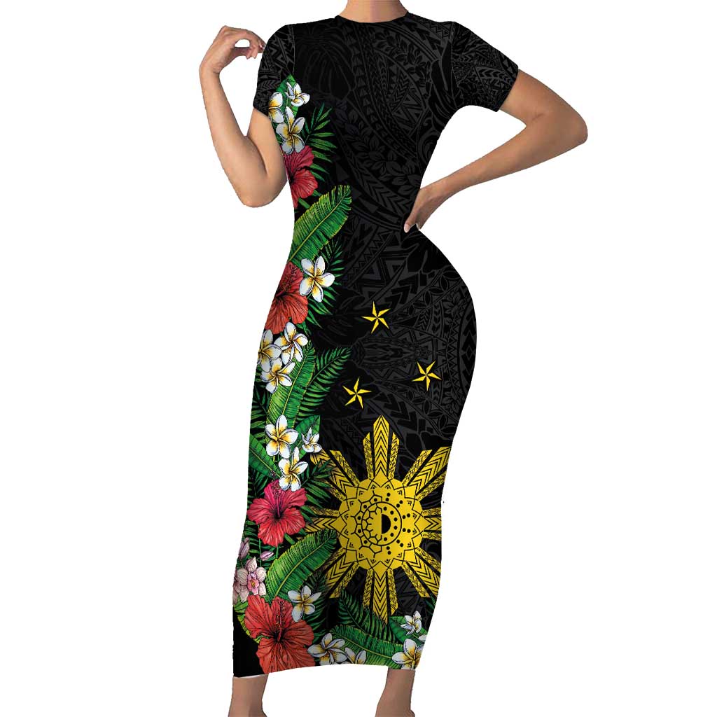 Tropical Hawaii and Philippines Short Sleeve Bodycon Dress Kanaka Maoli and Sun Badge Batok Tattoo Colorful LT03 Long Dress Black - Polynesian Pride