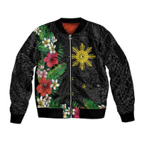 Tropical Hawaii and Philippines Sleeve Zip Bomber Jacket Kanaka Maoli and Sun Badge Batok Tattoo Colorful LT03 Unisex Black - Polynesian Pride