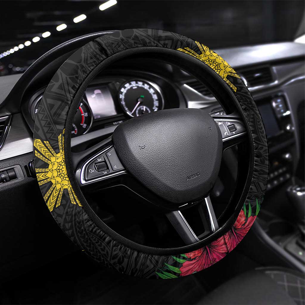 Tropical Hawaii and Philippines Steering Wheel Cover Kanaka Maoli and Sun Badge Batok Tattoo Colorful LT03 Universal Fit Black - Polynesian Pride