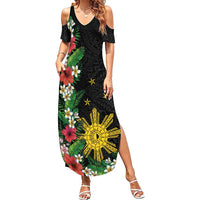 Tropical Hawaii and Philippines Summer Maxi Dress Kanaka Maoli and Sun Badge Batok Tattoo Colorful LT03 Women Black - Polynesian Pride