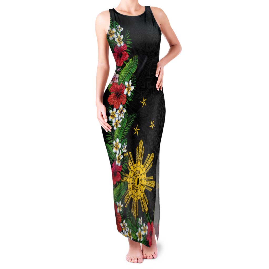 Tropical Hawaii and Philippines Tank Maxi Dress Kanaka Maoli and Sun Badge Batok Tattoo Colorful LT03 Women Black - Polynesian Pride