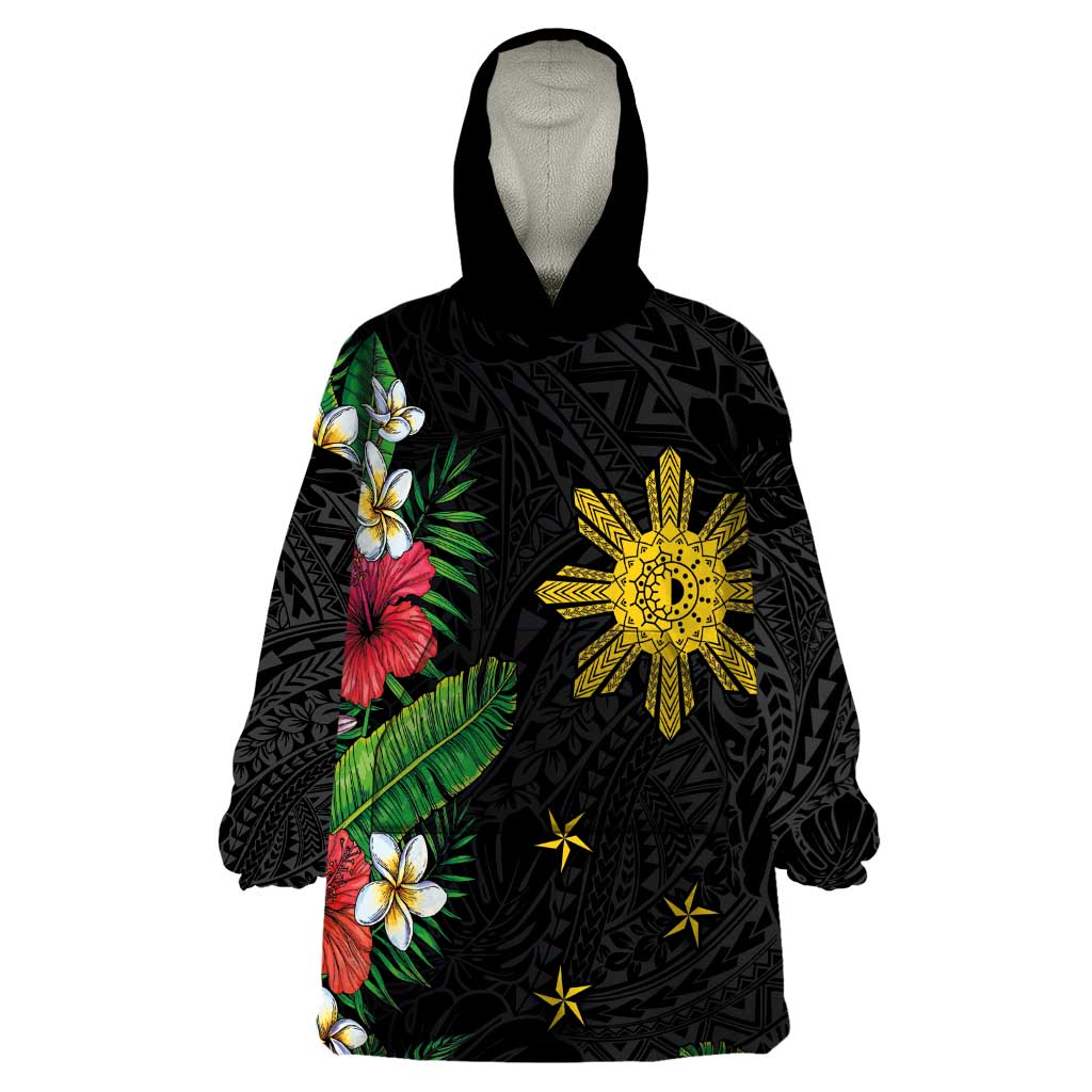 Tropical Hawaii and Philippines Wearable Blanket Hoodie Kanaka Maoli and Sun Badge Batok Tattoo Colorful LT03 One Size Black - Polynesian Pride