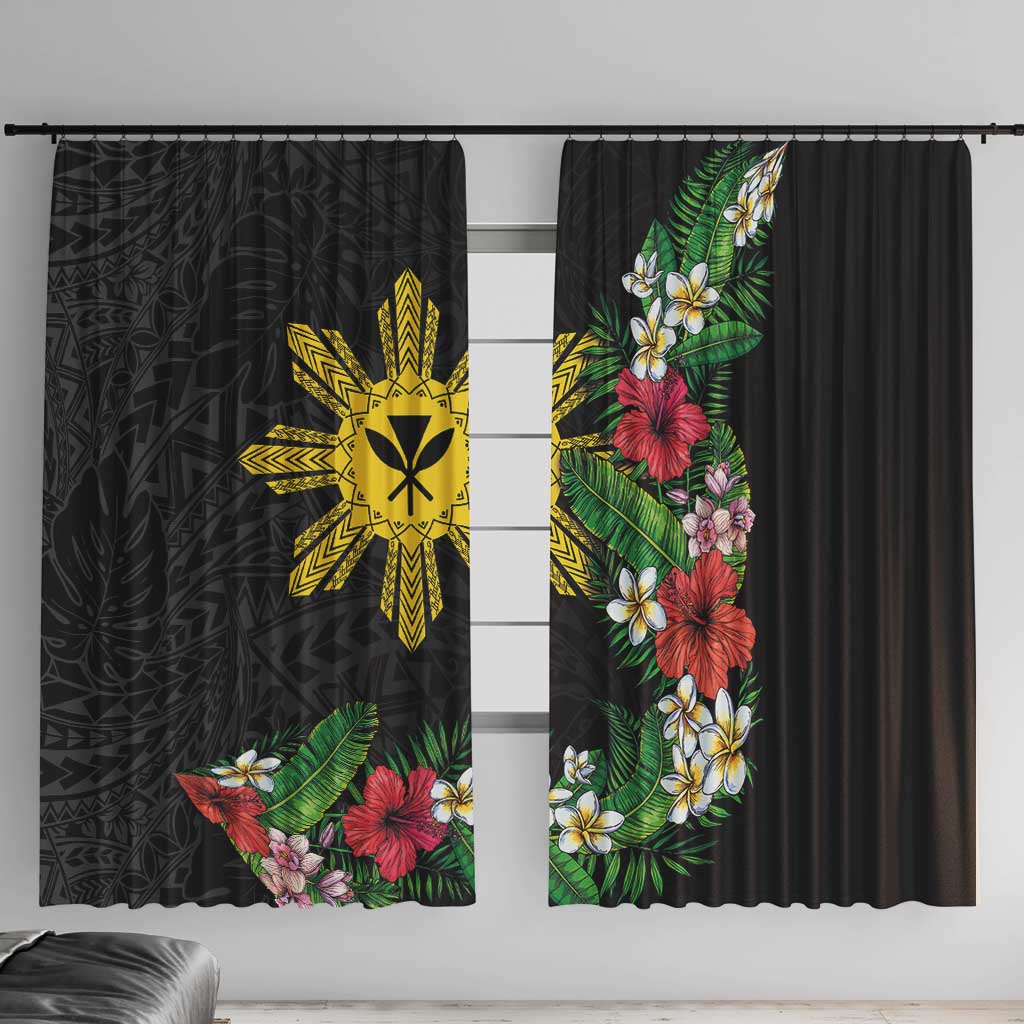 Tropical Hawaii and Philippines Window Curtain Kanaka Maoli and Sun Badge Batok Tattoo Colorful LT03 With Hooks Black - Polynesian Pride