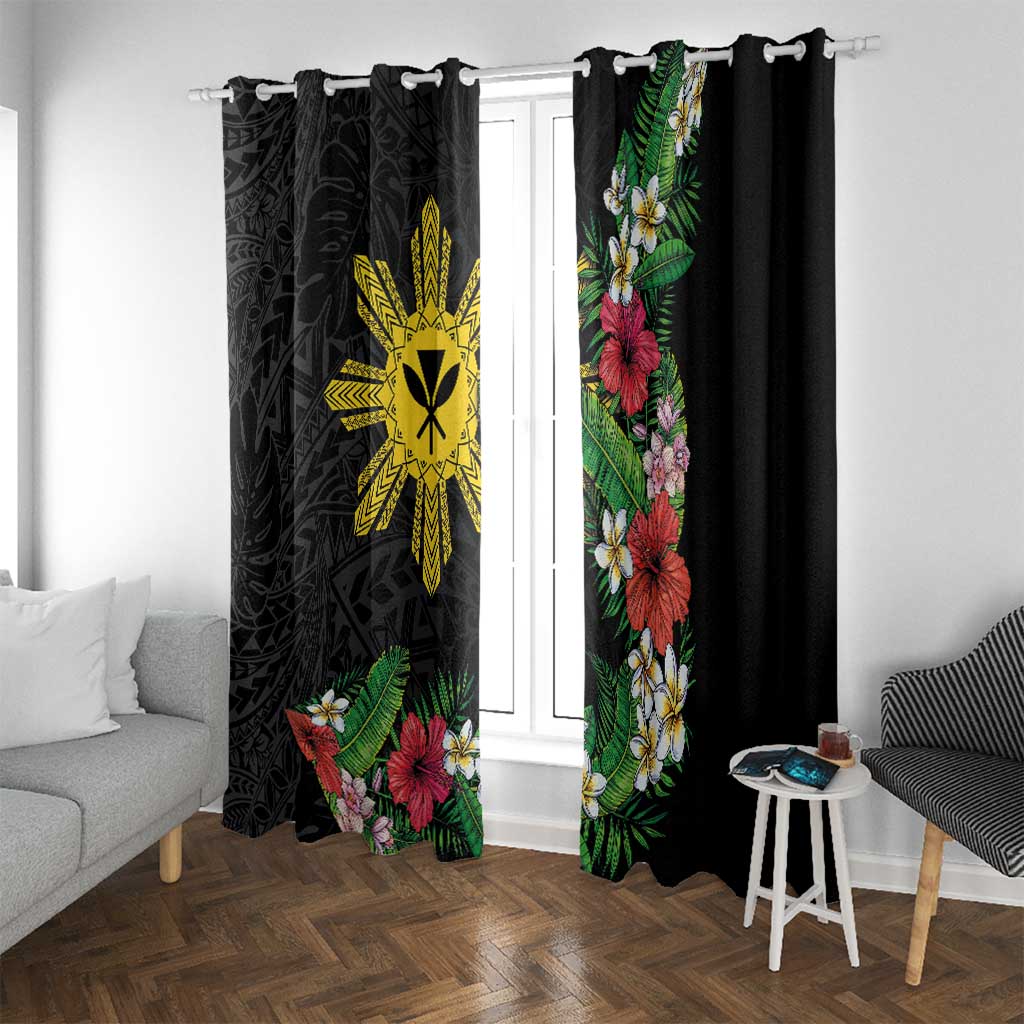 Tropical Hawaii and Philippines Window Curtain Kanaka Maoli and Sun Badge Batok Tattoo Colorful LT03 With Grommets Black - Polynesian Pride