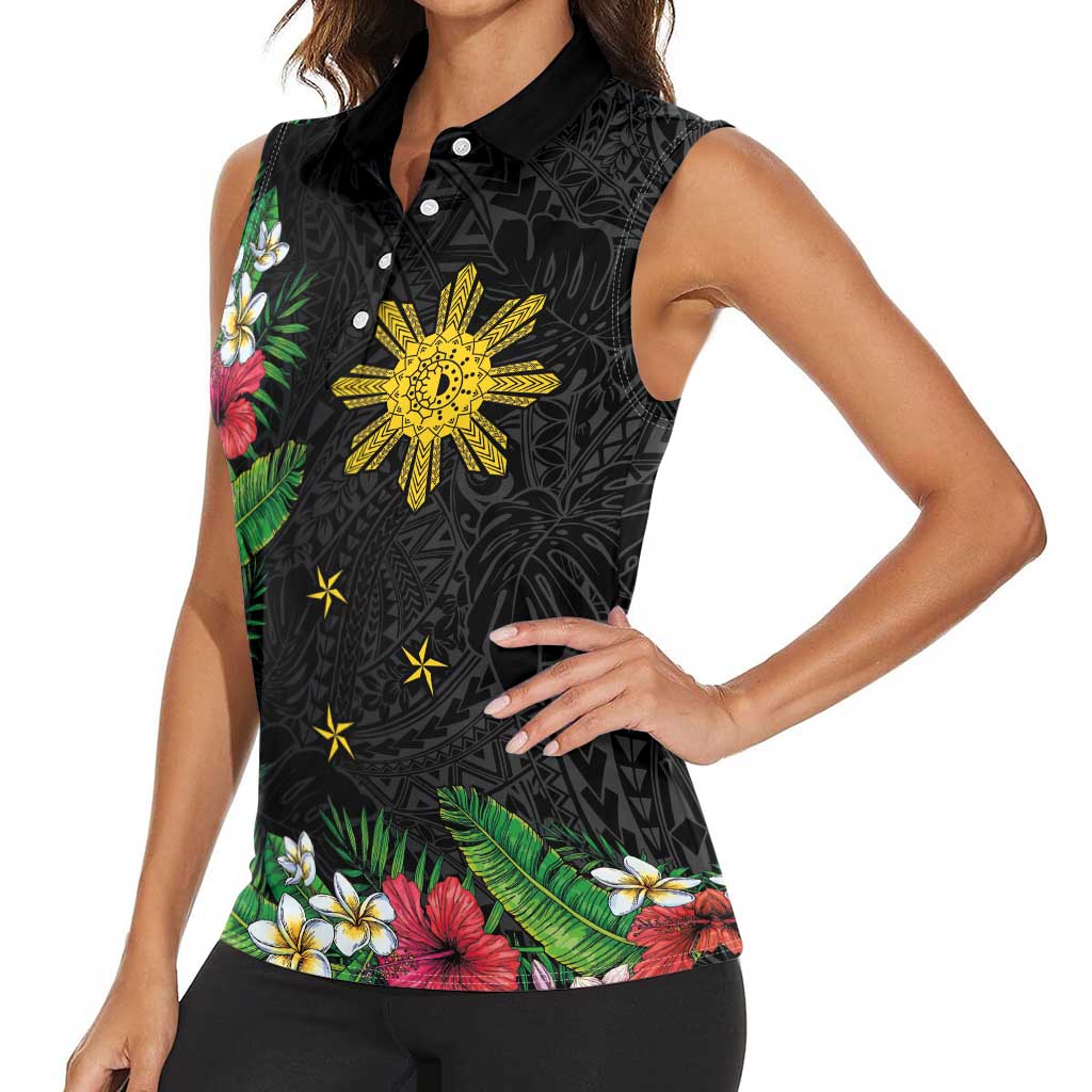 Tropical Hawaii and Philippines Women Sleeveless Polo Shirt Kanaka Maoli and Sun Badge Batok Tattoo Colorful LT03 - Polynesian Pride