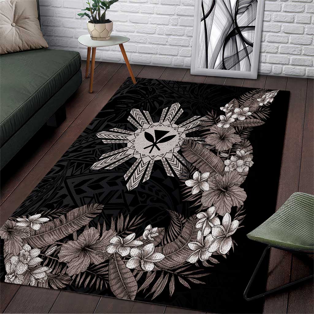 Tropical Hawaii and Philippines Area Rug Kanaka Maoli and Sun Badge Batok Tattoo Grayscale LT03 Black - Polynesian Pride