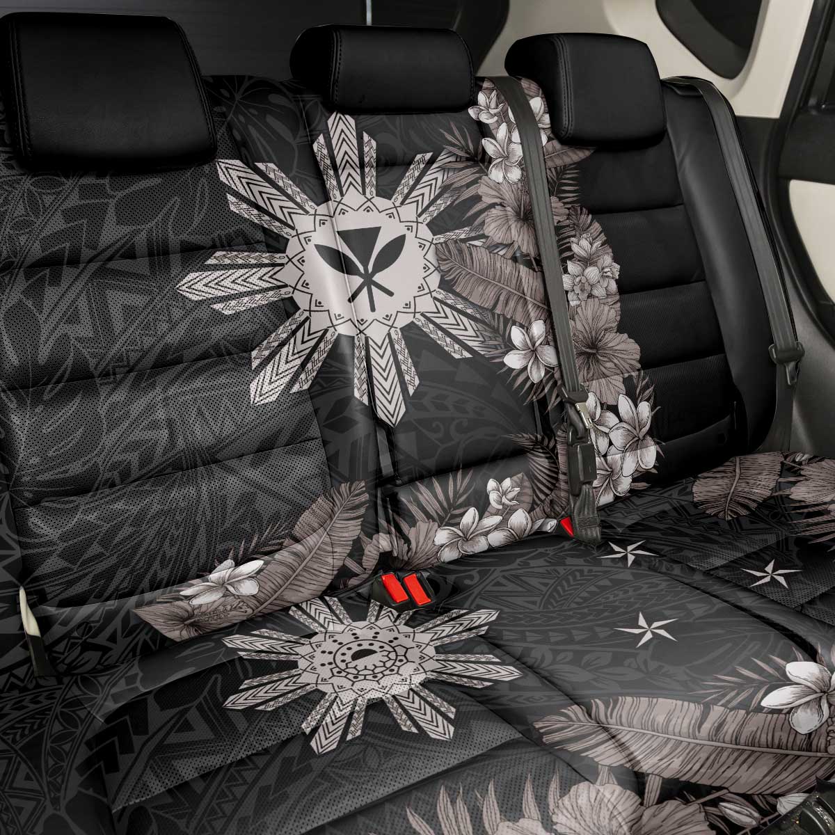 Tropical Hawaii and Philippines Back Car Seat Cover Kanaka Maoli and Sun Badge Batok Tattoo Grayscale LT03 - Polynesian Pride