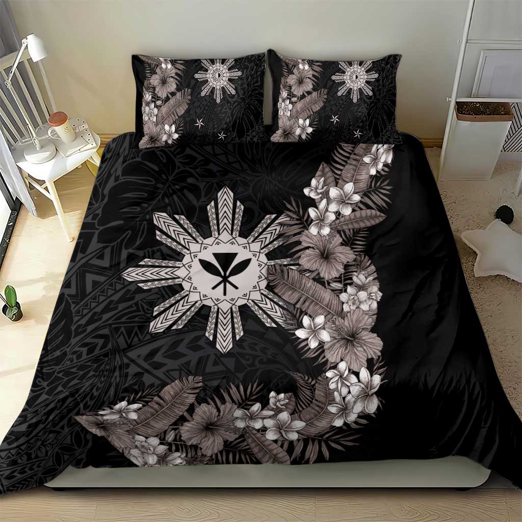 Tropical Hawaii and Philippines Bedding Set Kanaka Maoli and Sun Badge Batok Tattoo Grayscale
