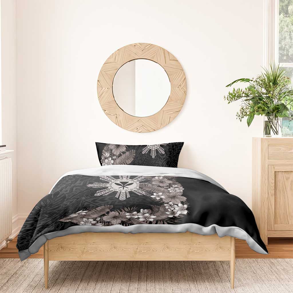 Tropical Hawaii and Philippines Bedding Set Kanaka Maoli and Sun Badge Batok Tattoo Grayscale