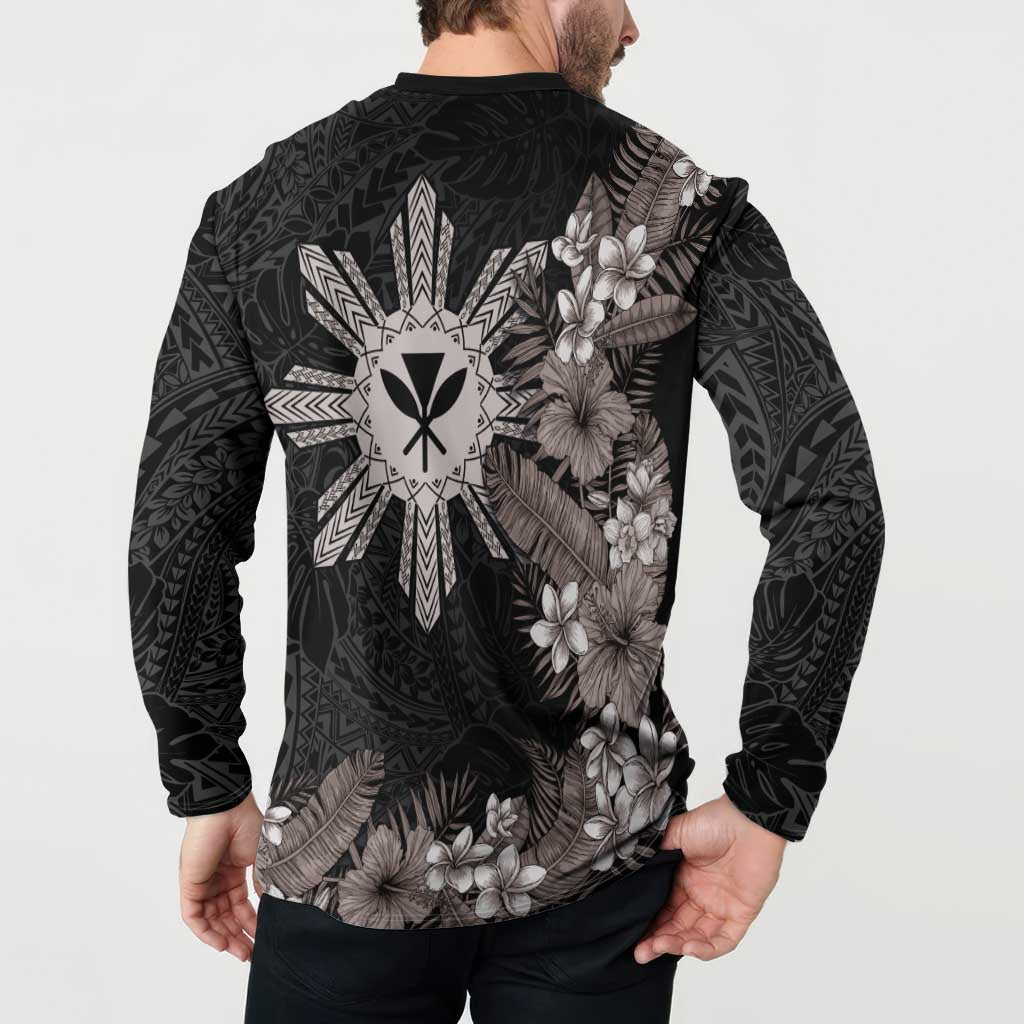 Tropical Hawaii and Philippines Button Sweatshirt Kanaka Maoli and Sun Badge Batok Tattoo Grayscale