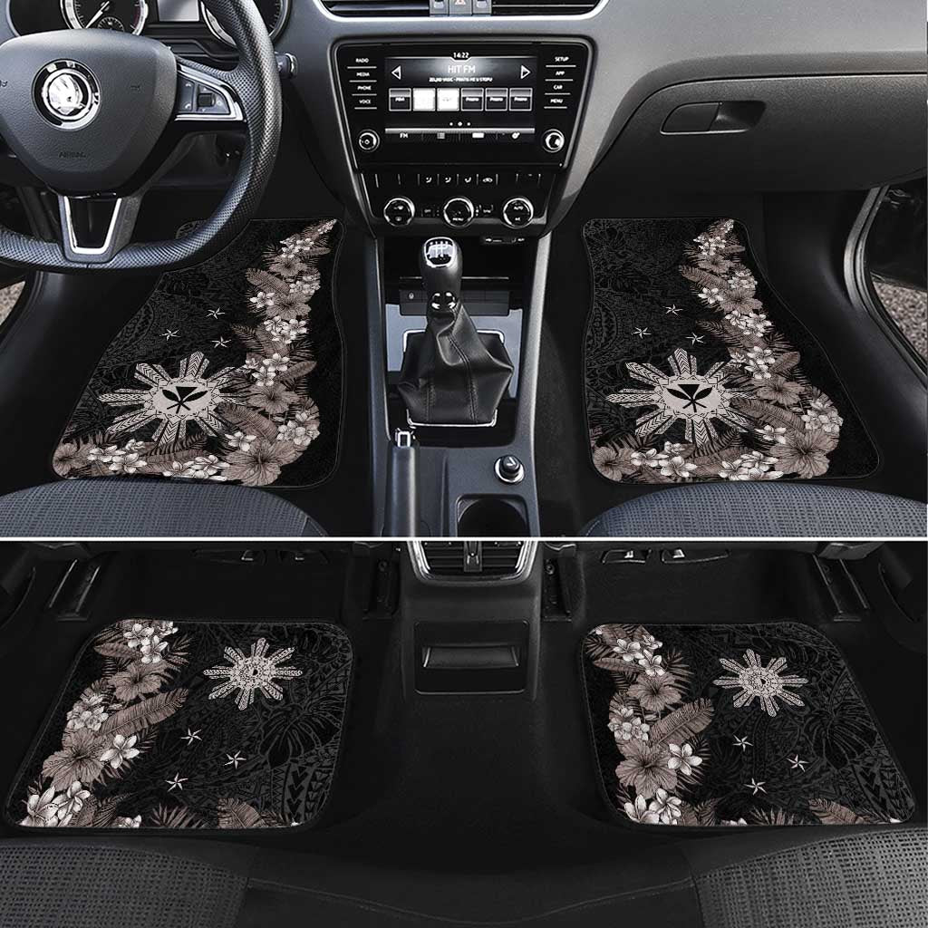 Tropical Hawaii and Philippines Car Mats Kanaka Maoli and Sun Badge Batok Tattoo Grayscale LT03 Set 4pcs Black - Polynesian Pride