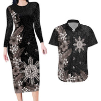 Tropical Hawaii and Philippines Couples Matching Long Sleeve Bodycon Dress and Hawaiian Shirt Kanaka Maoli and Sun Badge Batok Tattoo Grayscale LT03 Black - Polynesian Pride