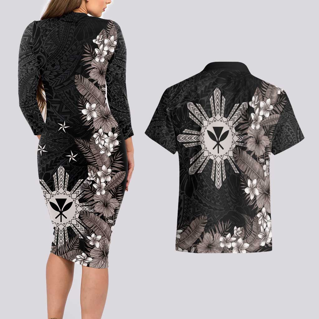 Tropical Hawaii and Philippines Couples Matching Long Sleeve Bodycon Dress and Hawaiian Shirt Kanaka Maoli and Sun Badge Batok Tattoo Grayscale LT03 - Polynesian Pride