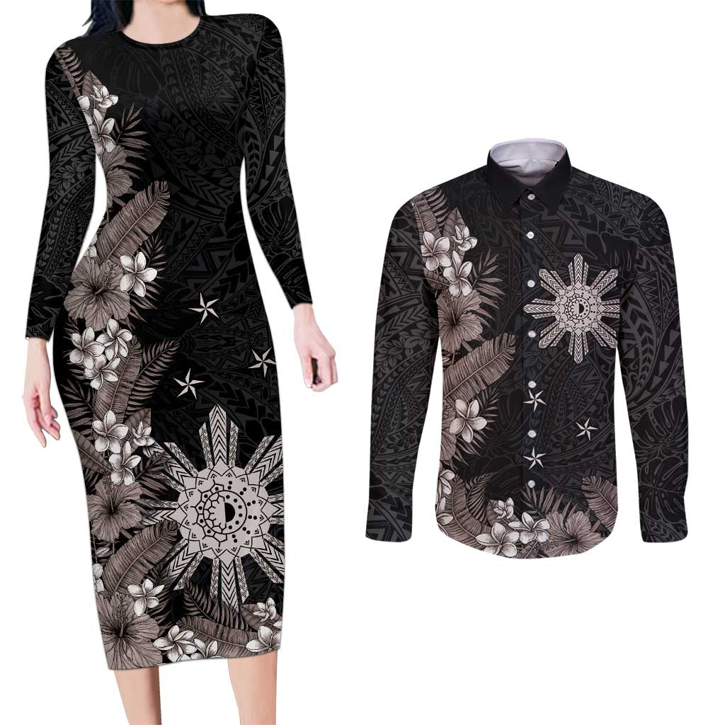 Tropical Hawaii and Philippines Couples Matching Long Sleeve Bodycon Dress and Long Sleeve Button Shirt Kanaka Maoli and Sun Badge Batok Tattoo Grayscale LT03 Black - Polynesian Pride