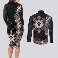 Tropical Hawaii and Philippines Couples Matching Long Sleeve Bodycon Dress and Long Sleeve Button Shirt Kanaka Maoli and Sun Badge Batok Tattoo Grayscale LT03 - Polynesian Pride