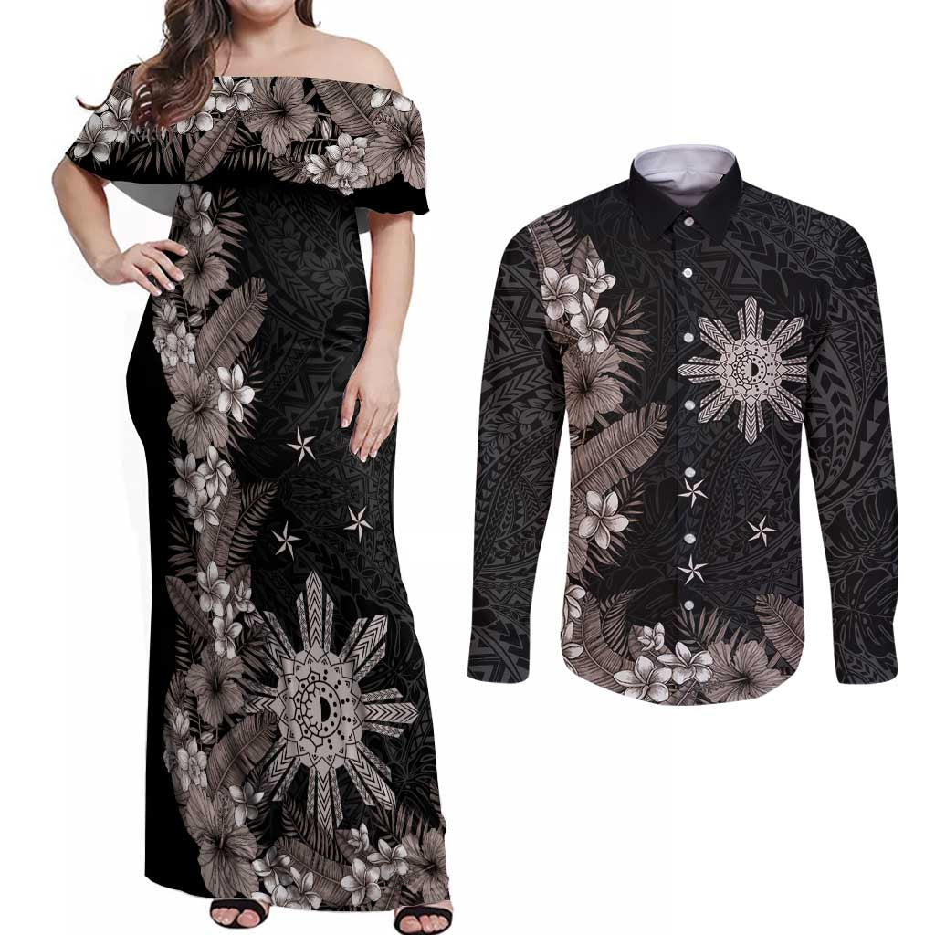 Tropical Hawaii and Philippines Couples Matching Off Shoulder Maxi Dress and Long Sleeve Button Shirt Kanaka Maoli and Sun Badge Batok Tattoo Grayscale LT03 Black - Polynesian Pride