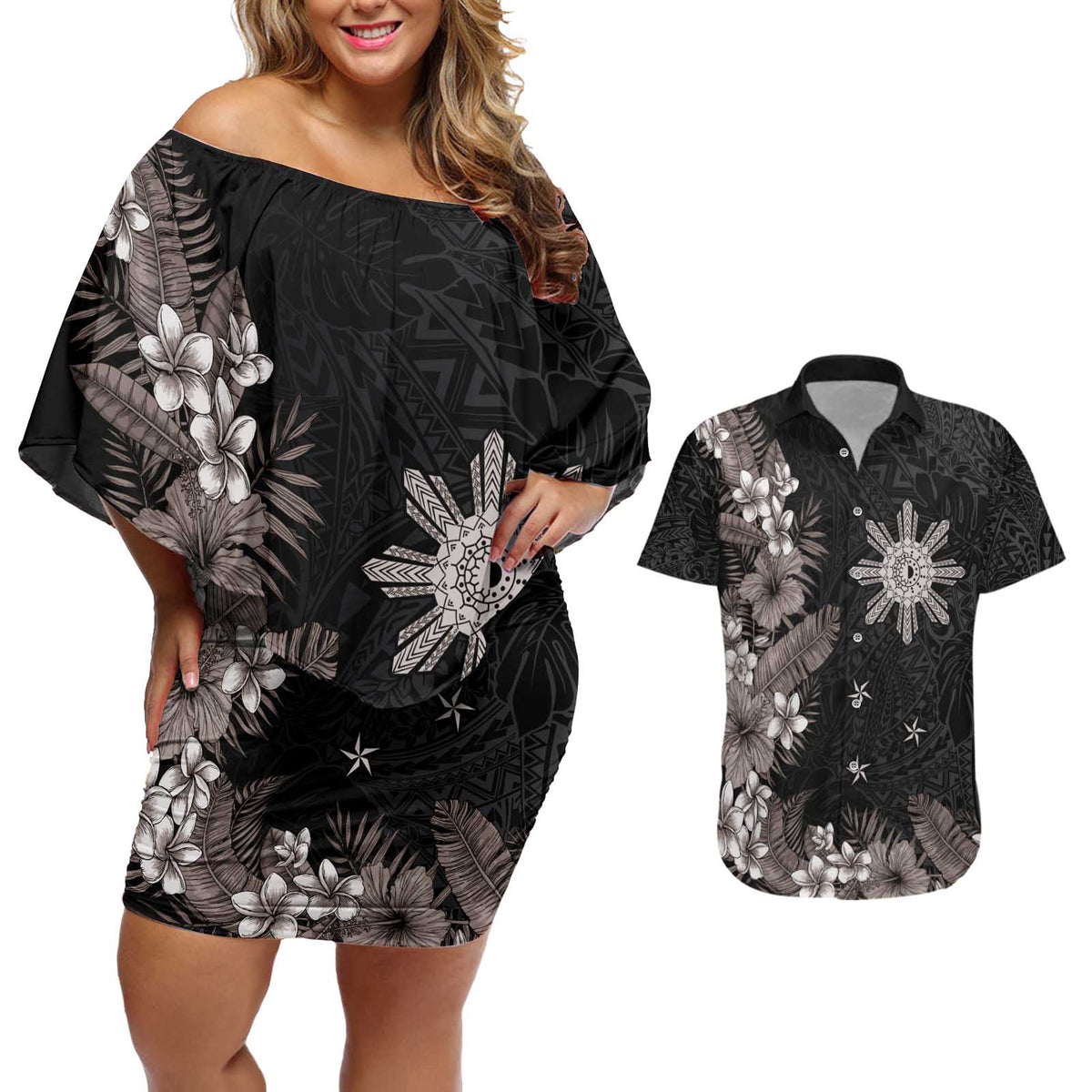 Tropical Hawaii and Philippines Couples Matching Off Shoulder Short Dress and Hawaiian Shirt Kanaka Maoli and Sun Badge Batok Tattoo Grayscale LT03 Black - Polynesian Pride