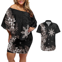 Tropical Hawaii and Philippines Couples Matching Off Shoulder Short Dress and Hawaiian Shirt Kanaka Maoli and Sun Badge Batok Tattoo Grayscale LT03 Black - Polynesian Pride
