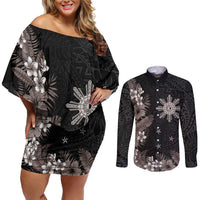 Tropical Hawaii and Philippines Couples Matching Off Shoulder Short Dress and Long Sleeve Button Shirt Kanaka Maoli and Sun Badge Batok Tattoo Grayscale LT03 Black - Polynesian Pride