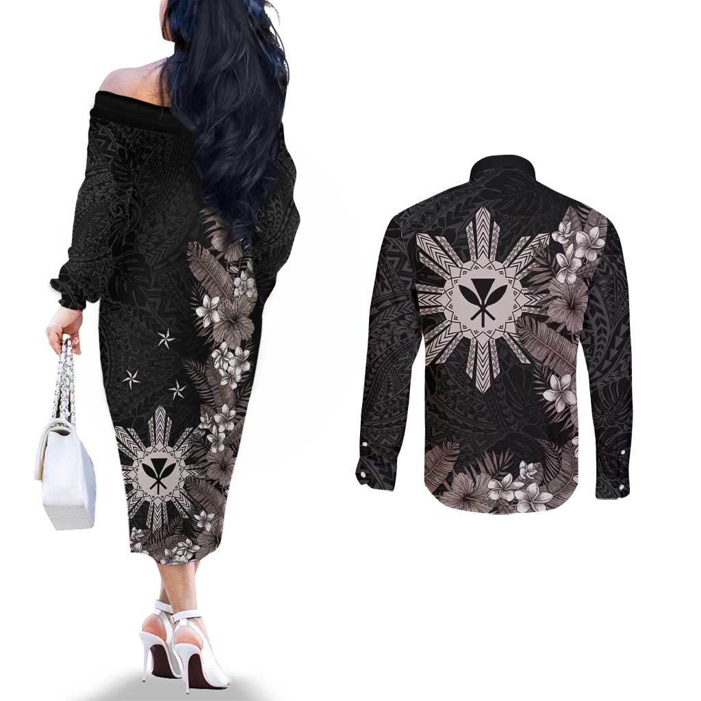Tropical Hawaii and Philippines Couples Matching Off The Shoulder Long Sleeve Dress and Long Sleeve Button Shirt Kanaka Maoli and Sun Badge Batok Tattoo Grayscale LT03 - Polynesian Pride