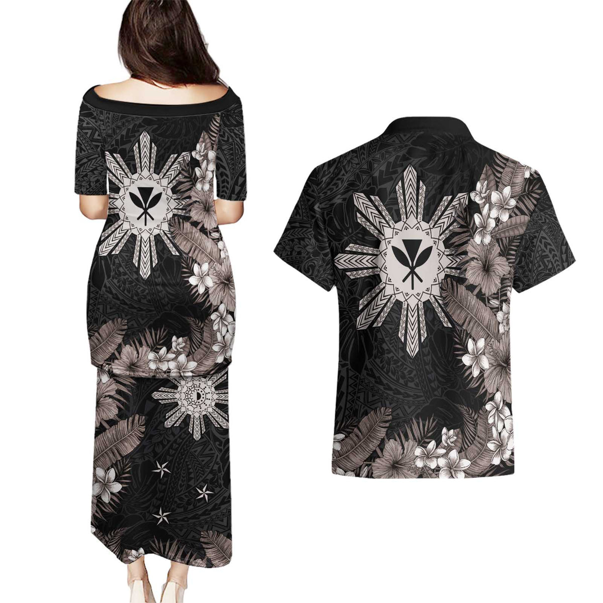 Tropical Hawaii and Philippines Couples Matching Puletasi and Hawaiian Shirt Kanaka Maoli and Sun Badge Batok Tattoo Grayscale LT03 - Polynesian Pride