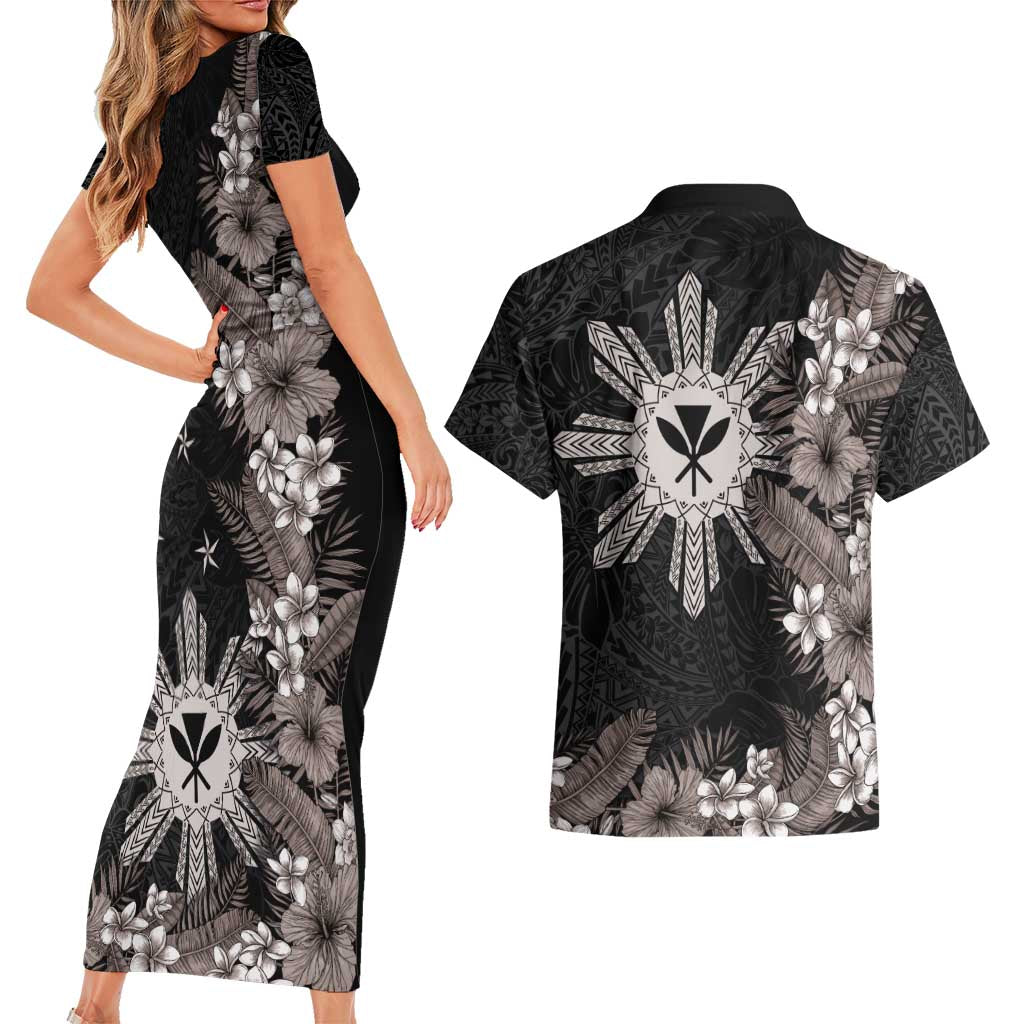 Tropical Hawaii and Philippines Couples Matching Short Sleeve Bodycon Dress and Hawaiian Shirt Kanaka Maoli and Sun Badge Batok Tattoo Grayscale LT03 - Polynesian Pride