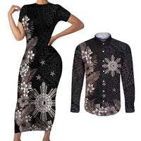 Tropical Hawaii and Philippines Couples Matching Short Sleeve Bodycon Dress and Long Sleeve Button Shirt Kanaka Maoli and Sun Badge Batok Tattoo Grayscale LT03 Black - Polynesian Pride