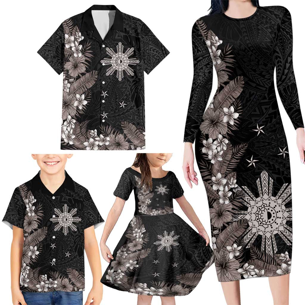 Tropical Hawaii and Philippines Family Matching Long Sleeve Bodycon Dress and Hawaiian Shirt Kanaka Maoli and Sun Badge Batok Tattoo Grayscale LT03 - Polynesian Pride