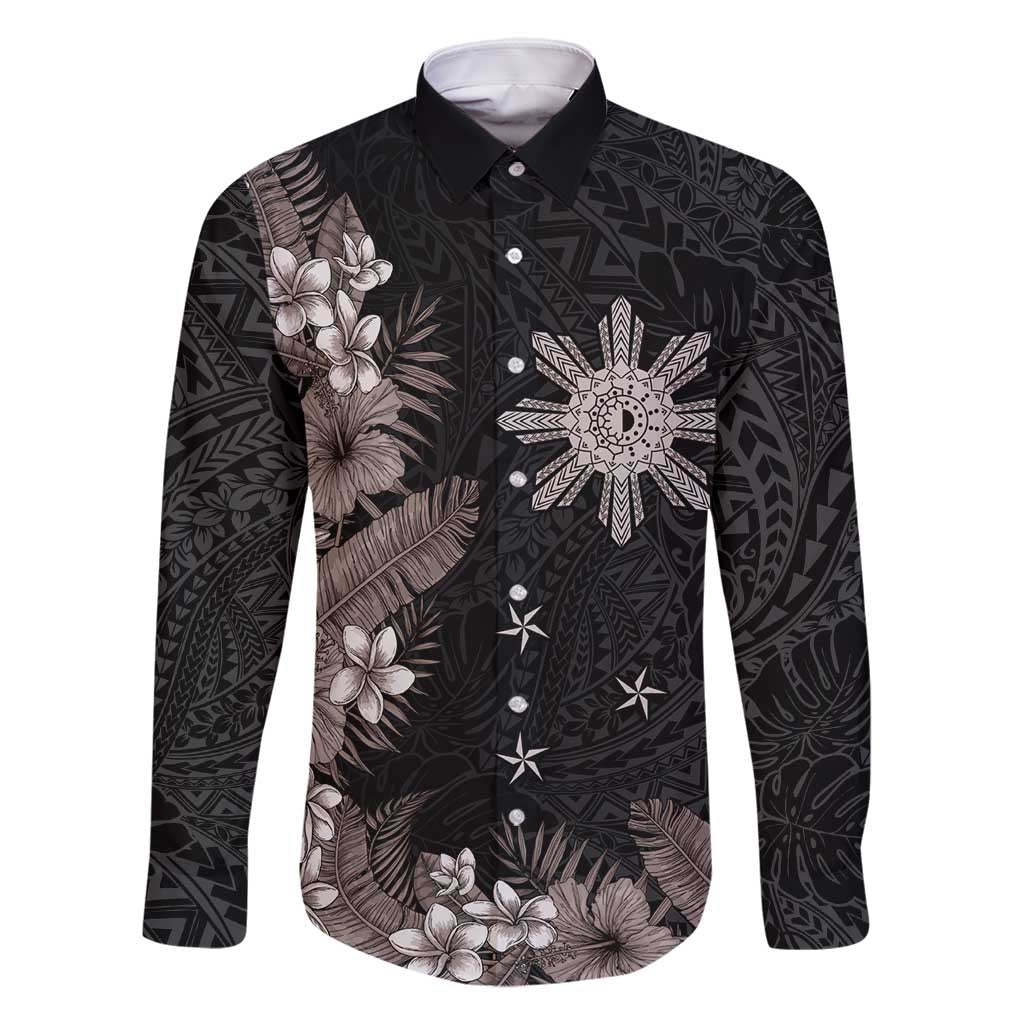 Tropical Hawaii and Philippines Family Matching Long Sleeve Bodycon Dress and Hawaiian Shirt Kanaka Maoli and Sun Badge Batok Tattoo Grayscale LT03 Dad's Shirt - Long Sleeve Black - Polynesian Pride