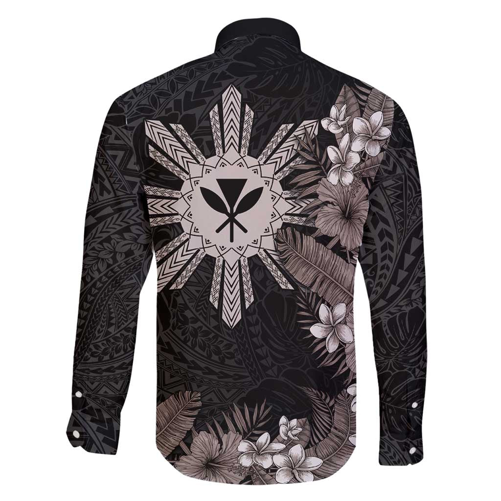 Tropical Hawaii and Philippines Family Matching Long Sleeve Bodycon Dress and Hawaiian Shirt Kanaka Maoli and Sun Badge Batok Tattoo Grayscale LT03 - Polynesian Pride