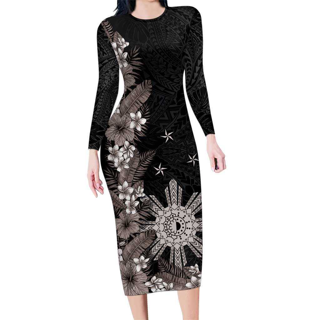Tropical Hawaii and Philippines Family Matching Long Sleeve Bodycon Dress and Hawaiian Shirt Kanaka Maoli and Sun Badge Batok Tattoo Grayscale LT03 Mom's Dress Black - Polynesian Pride