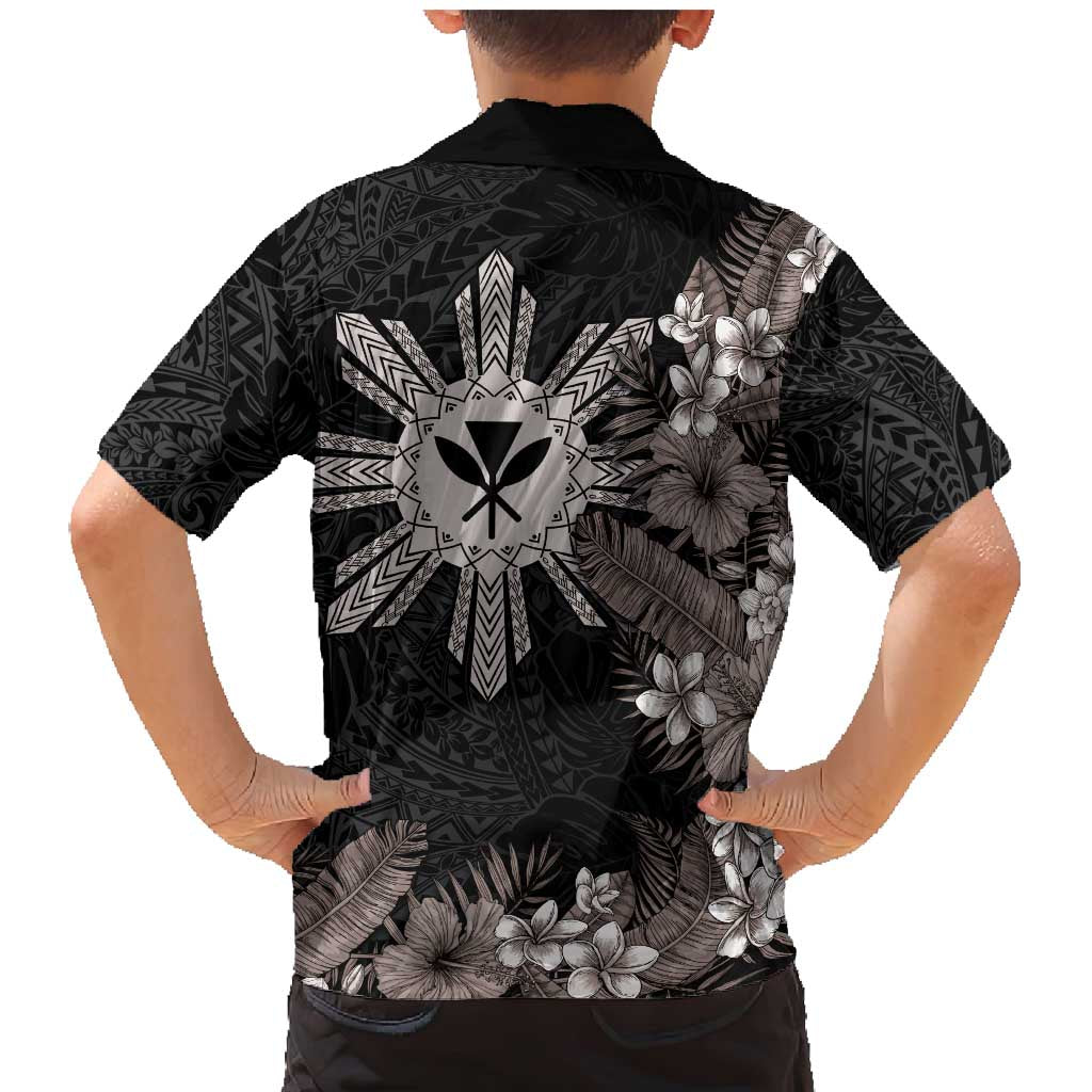 Tropical Hawaii and Philippines Family Matching Mermaid Dress and Hawaiian Shirt Kanaka Maoli and Sun Badge Batok Tattoo Grayscale LT03 - Polynesian Pride
