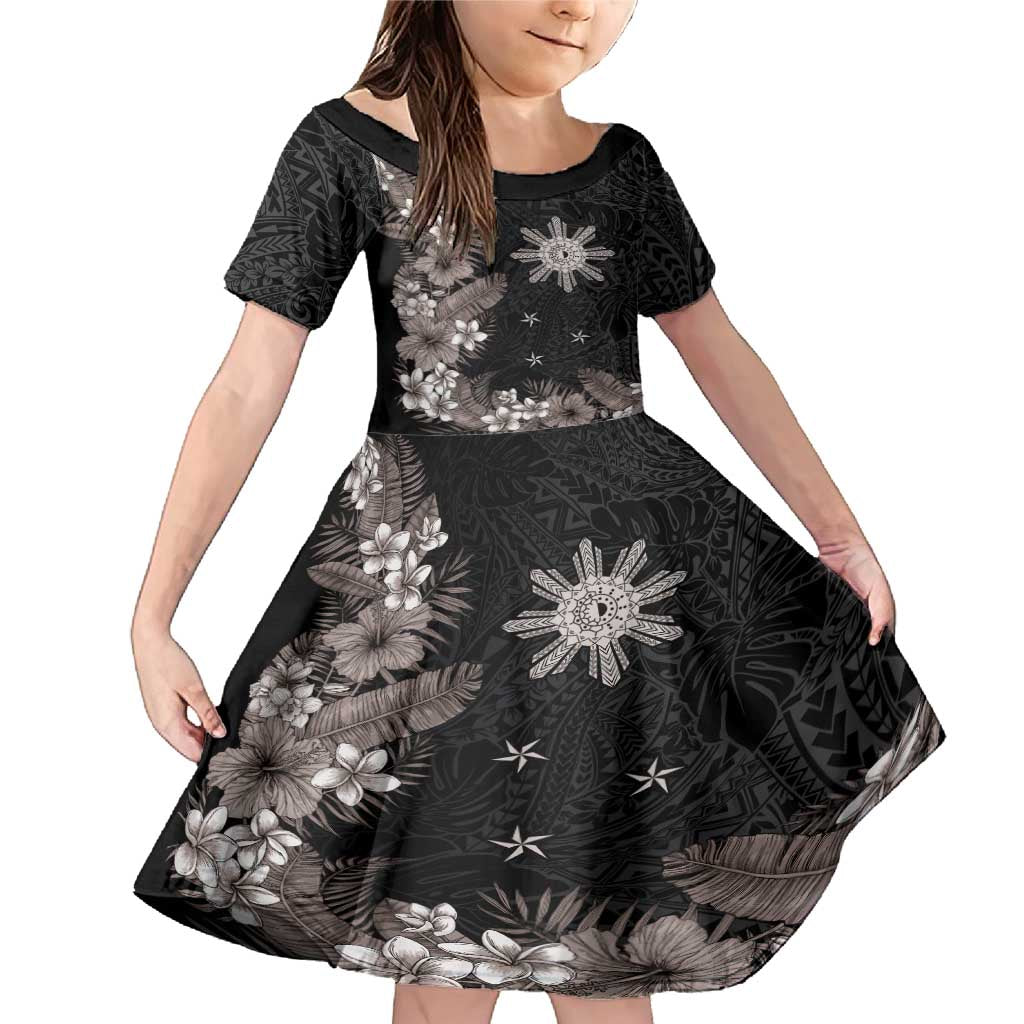 Tropical Hawaii and Philippines Family Matching Mermaid Dress and Hawaiian Shirt Kanaka Maoli and Sun Badge Batok Tattoo Grayscale LT03 Daughter's Dress Black - Polynesian Pride