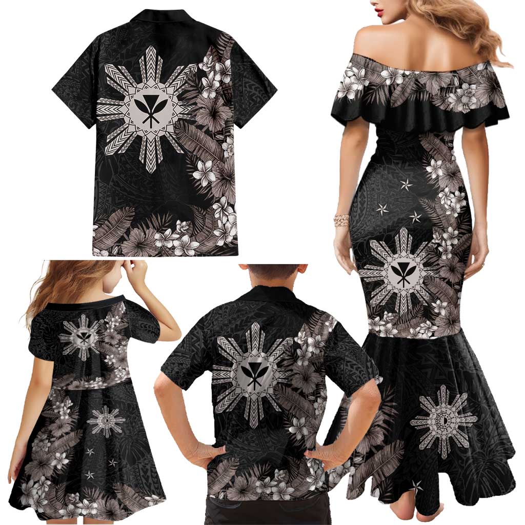 Tropical Hawaii and Philippines Family Matching Mermaid Dress and Hawaiian Shirt Kanaka Maoli and Sun Badge Batok Tattoo Grayscale LT03 - Polynesian Pride