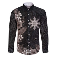 Tropical Hawaii and Philippines Family Matching Mermaid Dress and Hawaiian Shirt Kanaka Maoli and Sun Badge Batok Tattoo Grayscale LT03 Dad's Shirt - Long Sleeve Black - Polynesian Pride