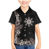Tropical Hawaii and Philippines Family Matching Mermaid Dress and Hawaiian Shirt Kanaka Maoli and Sun Badge Batok Tattoo Grayscale LT03 Son's Shirt Black - Polynesian Pride
