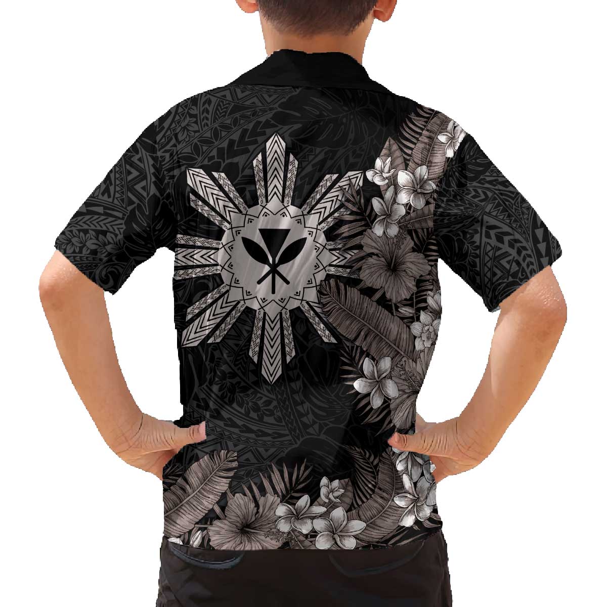 Tropical Hawaii and Philippines Family Matching Off The Shoulder Long Sleeve Dress and Hawaiian Shirt Kanaka Maoli and Sun Badge Batok Tattoo Grayscale LT03 - Polynesian Pride