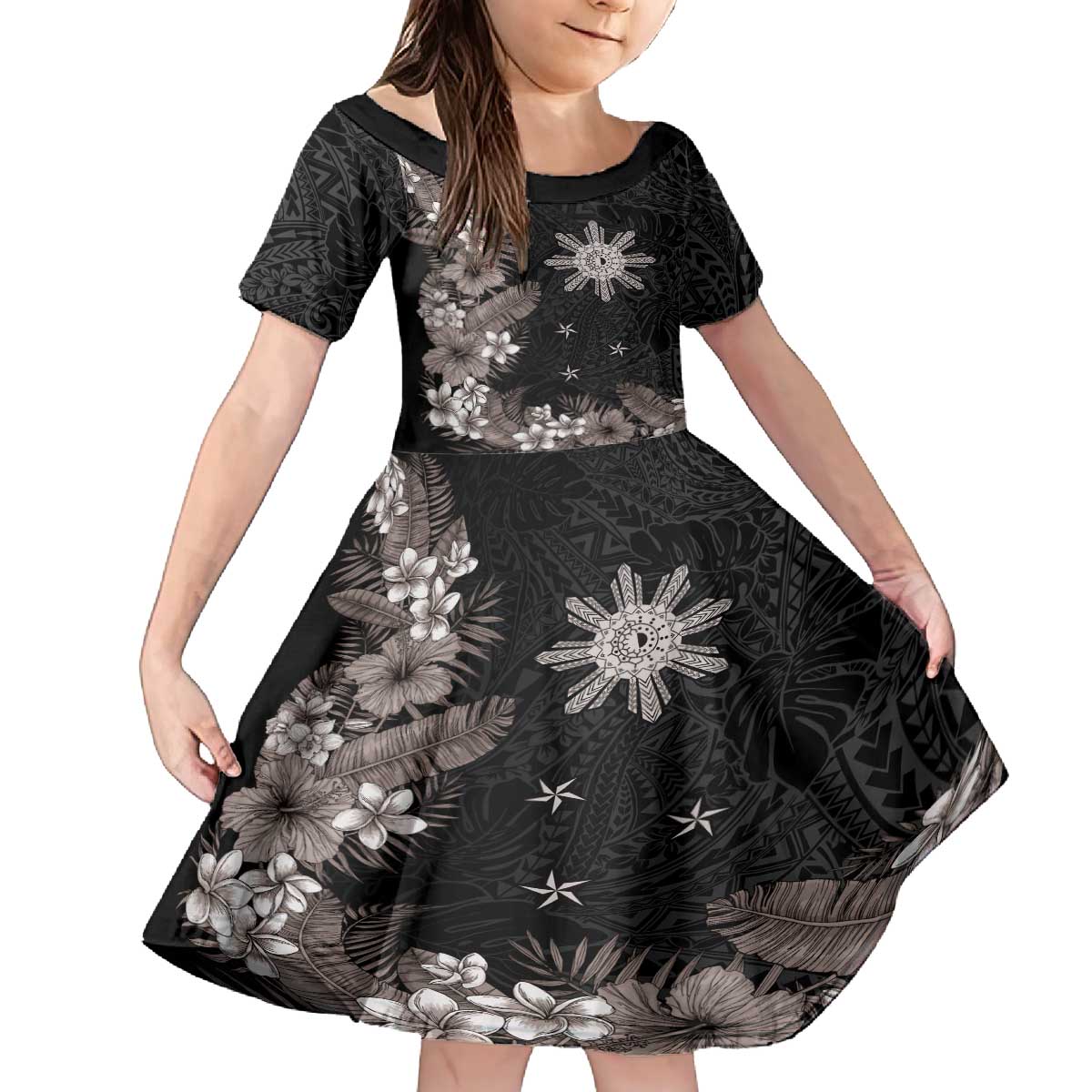 Tropical Hawaii and Philippines Family Matching Off The Shoulder Long Sleeve Dress and Hawaiian Shirt Kanaka Maoli and Sun Badge Batok Tattoo Grayscale LT03 Daughter's Dress Black - Polynesian Pride