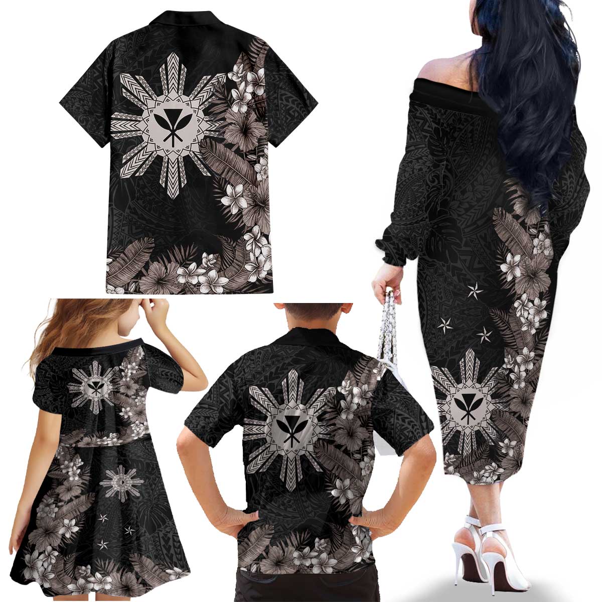 Tropical Hawaii and Philippines Family Matching Off The Shoulder Long Sleeve Dress and Hawaiian Shirt Kanaka Maoli and Sun Badge Batok Tattoo Grayscale LT03 - Polynesian Pride