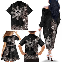 Tropical Hawaii and Philippines Family Matching Off The Shoulder Long Sleeve Dress and Hawaiian Shirt Kanaka Maoli and Sun Badge Batok Tattoo Grayscale LT03 - Polynesian Pride